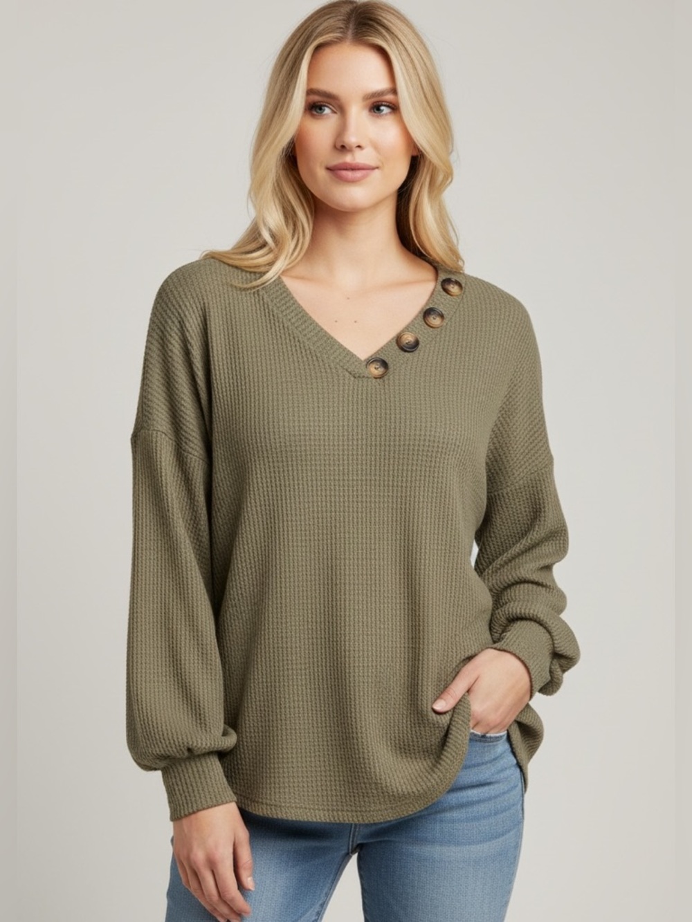 Olive Waffle Knit Button Detail Long Sleeve Top Lightweight Women’s XL